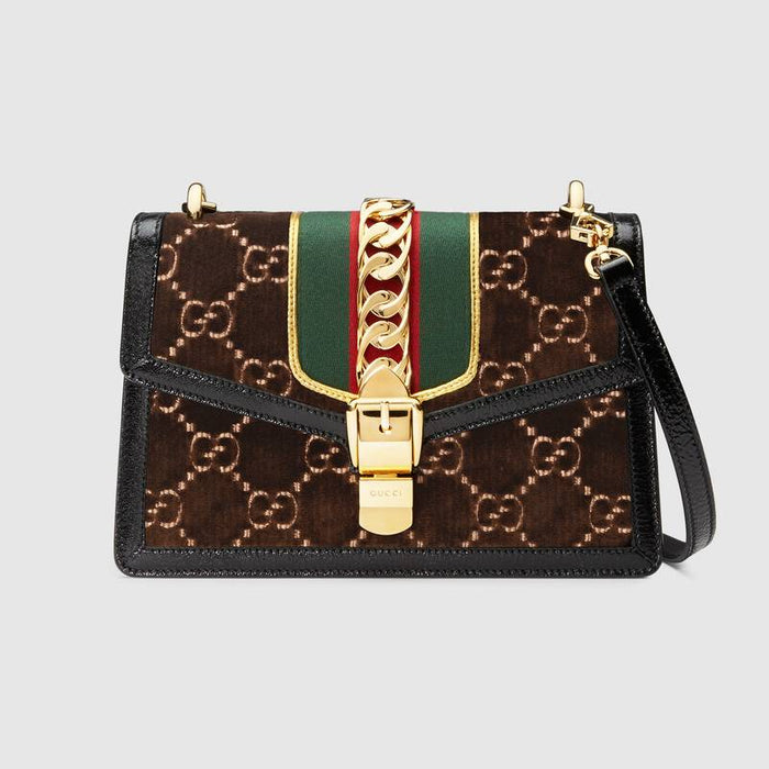 Gucci Sylvie Shoulder Bag GG Velvet Small Brown
