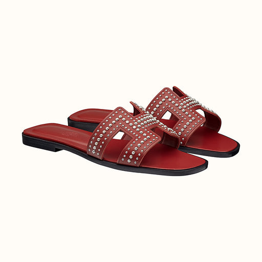 Hermes Red Studded Oran Sandals