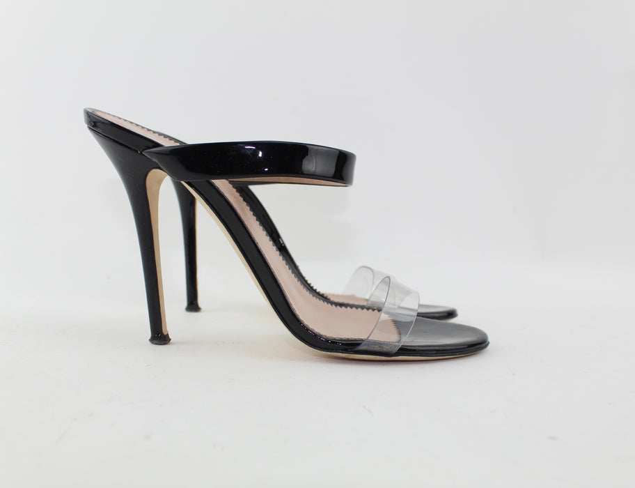GIUSEPPE ZANOTTI ALI PATENT-LEATHER AND PERSPEX SANDALS SIZE 38.5 - LuxurySnob