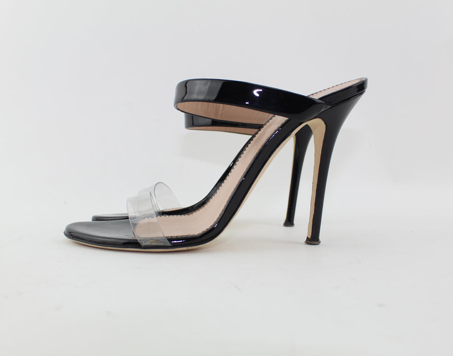GIUSEPPE ZANOTTI ALI PATENT-LEATHER AND PERSPEX SANDALS SIZE 38.5 - LuxurySnob