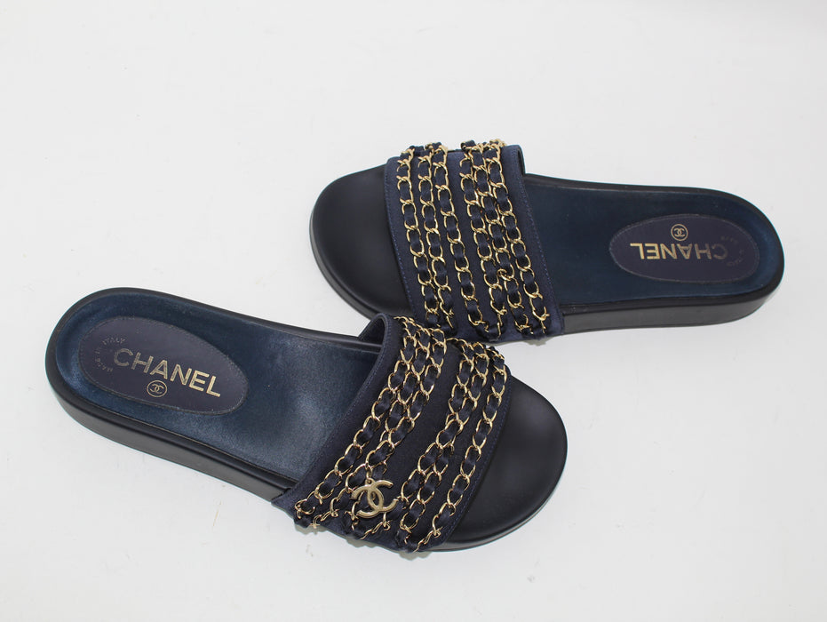 CHANEL SATIN CHAIN SLIDES SIZE 39 - LuxurySnob