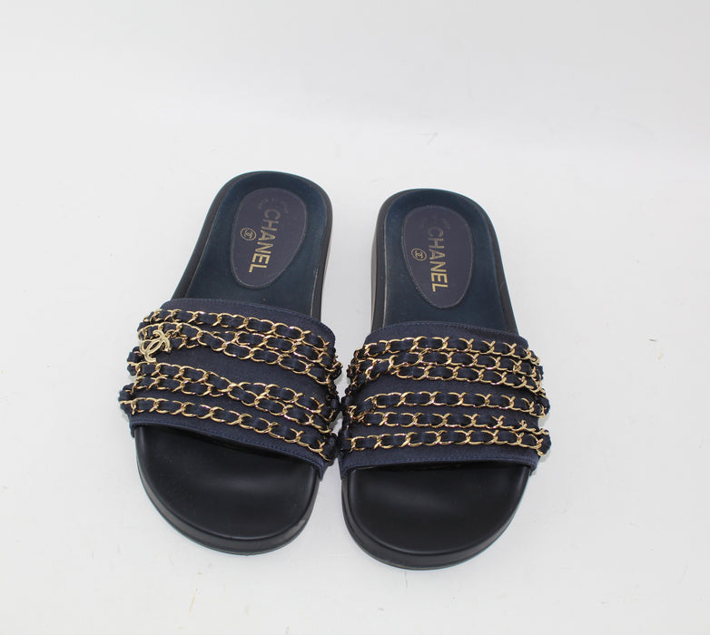 CHANEL SATIN CHAIN SLIDES SIZE 39 - LuxurySnob