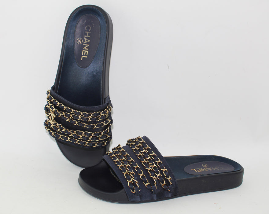 CHANEL SATIN CHAIN SLIDES SIZE 39 - LuxurySnob