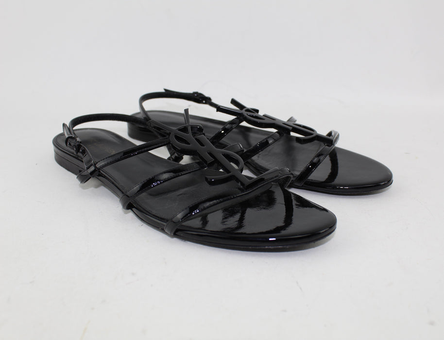 SAINT LAURENT CASSANDRA YSL LOGO FLAT METALLIC SANDALS SIZE 38.5 - LuxurySnob