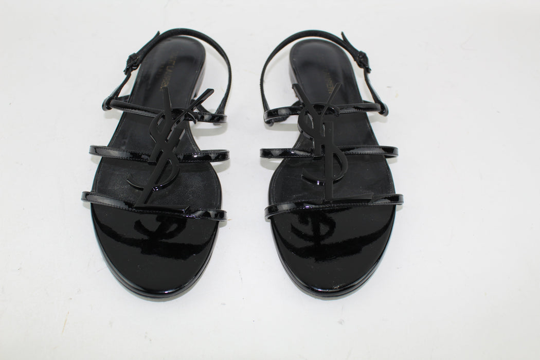 SAINT LAURENT CASSANDRA YSL LOGO FLAT METALLIC SANDALS SIZE 38.5 - LuxurySnob