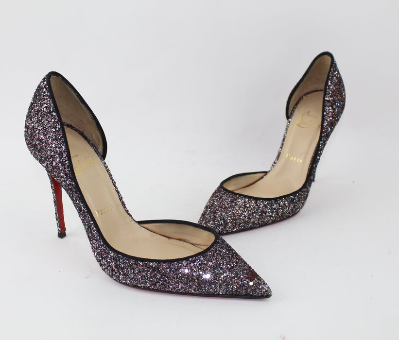 CHRISTIAN LOUBOUTIN IRIZA HALF D'ORSAY GLITTER PUMP SIZE 38.5 - LuxurySnob