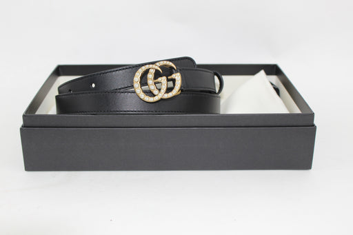 GUCCI LEATHER BELT WITH PEARL DOUBLE G BUCKLE SIZE 85/34 - LuxurySnob