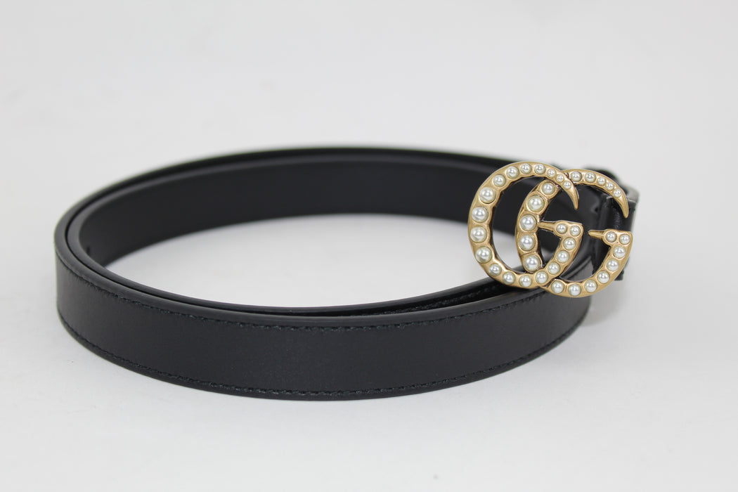 GUCCI LEATHER BELT WITH PEARL DOUBLE G BUCKLE SIZE 85/34 - LuxurySnob