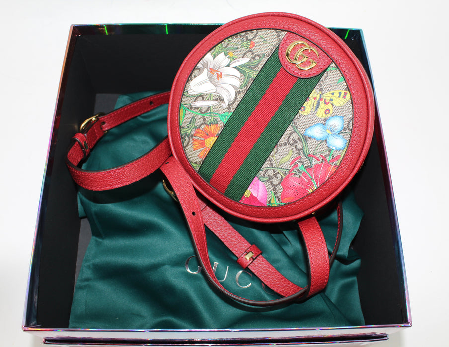 GUCCI OPHIDIA MINI ROUND GG FLORAL CHAIN-STRAP BACKPACK - LuxurySnob