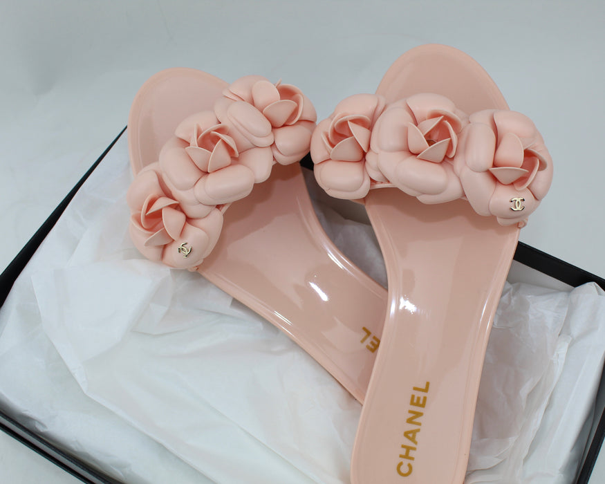 CHANEL PVC SLIDES WITH CAMELLIA FLOWERS - LuxurySnob