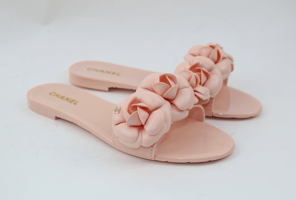 CHANEL PVC SLIDES WITH CAMELLIA FLOWERS - LuxurySnob
