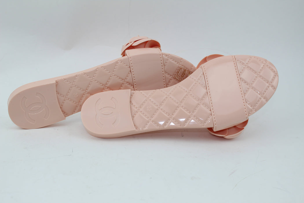 CHANEL PVC SLIDES WITH CAMELLIA FLOWERS - LuxurySnob