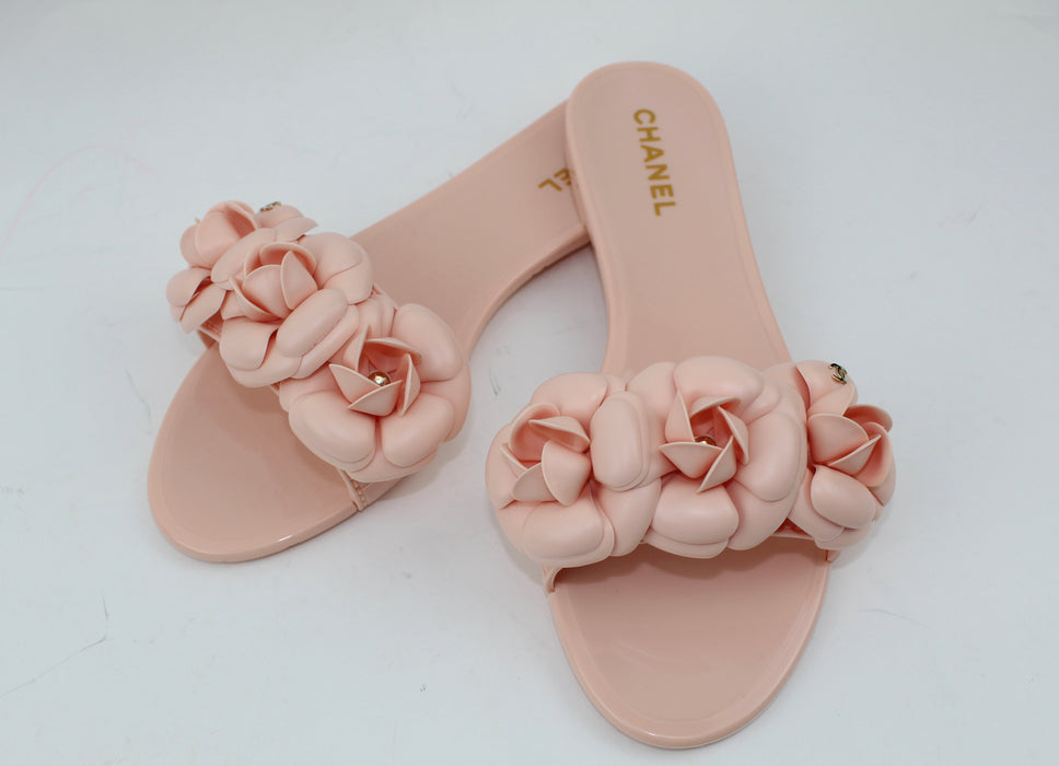 CHANEL PVC SLIDES WITH CAMELLIA FLOWERS - LuxurySnob