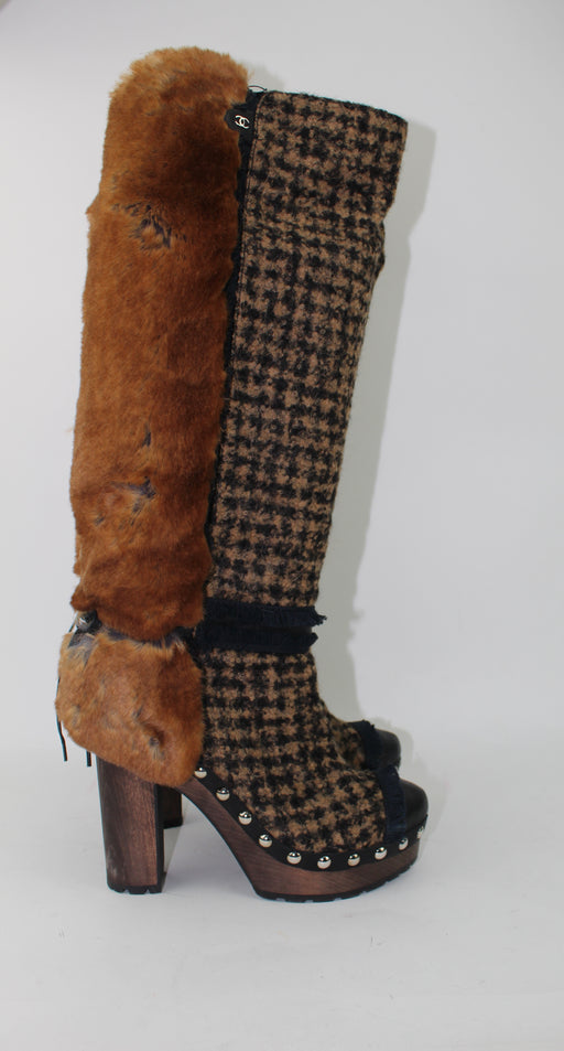 CHANEL FANTASY RABBIT FUR TWEED  BOOTS - LuxurySnob