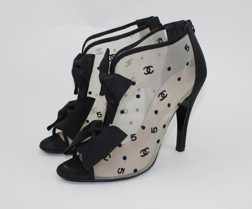 CHANEL BLACK 'CC' MESH OPEN TOE BOWTIE BOOTIES - LuxurySnob