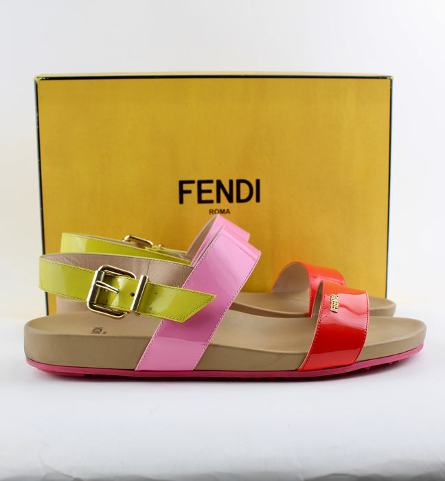 FENDI TRICOLOR DOUBLE-BAND FLAT PATENT SANDAL SIZE 40 - LuxurySnob