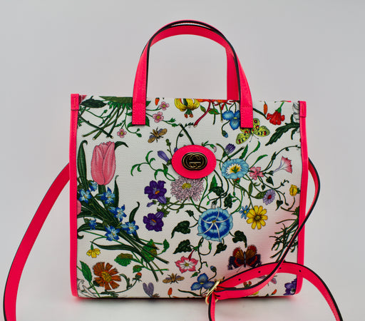 GUCCI FLORA MEDIUM LEATHER TRIMMED PRINTED CANVAS TOTE