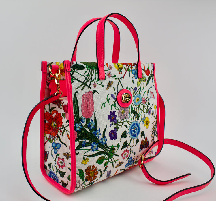 GUCCI FLORA MEDIUM LEATHER TRIMMED PRINTED CANVAS TOTE