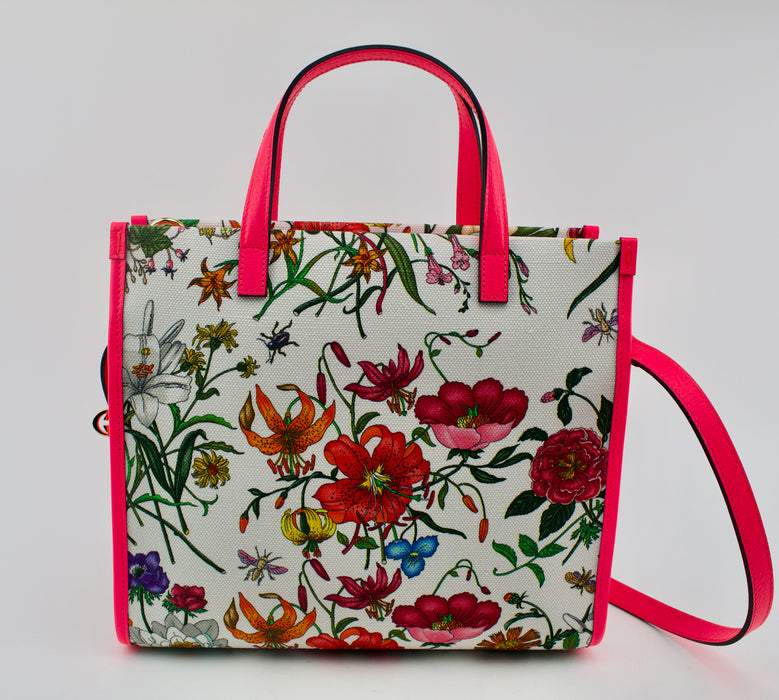 GUCCI FLORA MEDIUM LEATHER TRIMMED PRINTED CANVAS TOTE