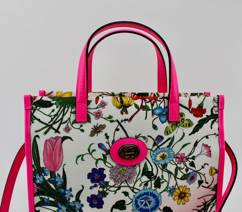 GUCCI FLORA MEDIUM LEATHER TRIMMED PRINTED CANVAS TOTE