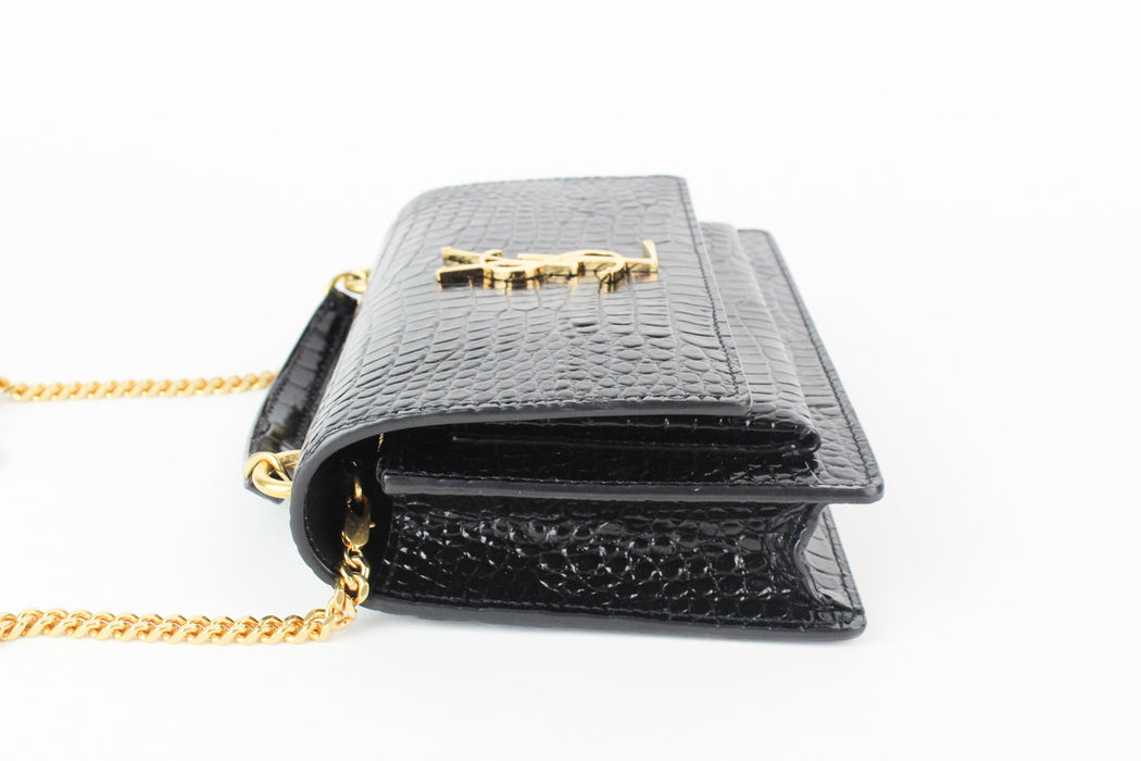 Saint Laurent Sunset Chain Wallet in Croc-Embossed Shiny Black Leather