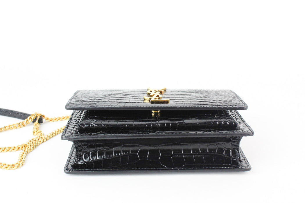 Saint Laurent Sunset Chain Wallet in Croc-Embossed Shiny Black Leather