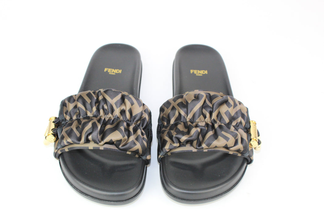 Fendi black satin rigiht slides