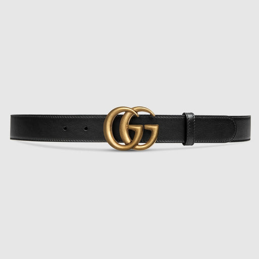 Mens Slim Black Leather Belt with Gold Double G Buckle