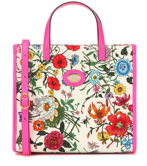 GUCCI FLORA MEDIUM LEATHER TRIMMED PRINTED CANVAS TOTE