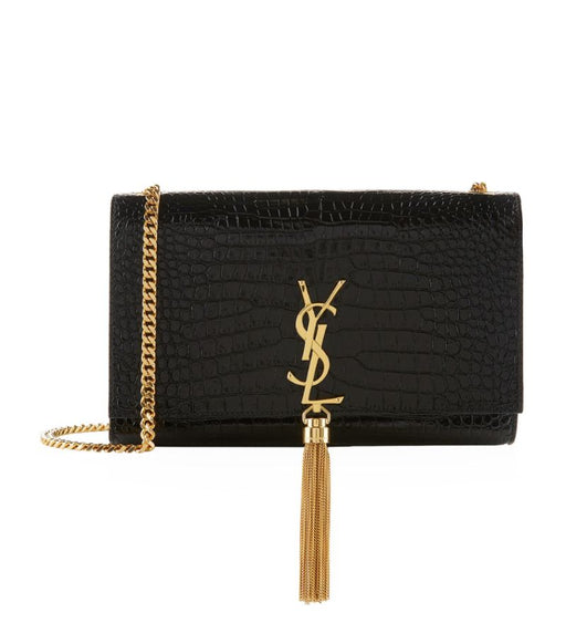 Saint Laurent Crocodile-embossed Medium Kate with Tassel in Black