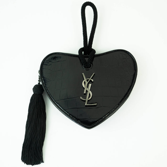 Saint Laurent Heart Croc embossed Clutch in Black