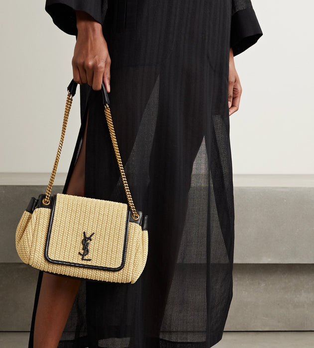 SAINT LAURENT NOLITA SMALL LEATHER RAFFIA SHOULDER BAG