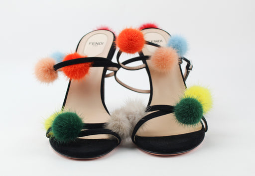 Fendi Suede Ankle-Wrap Sandal w/Mink Fur Pompoms