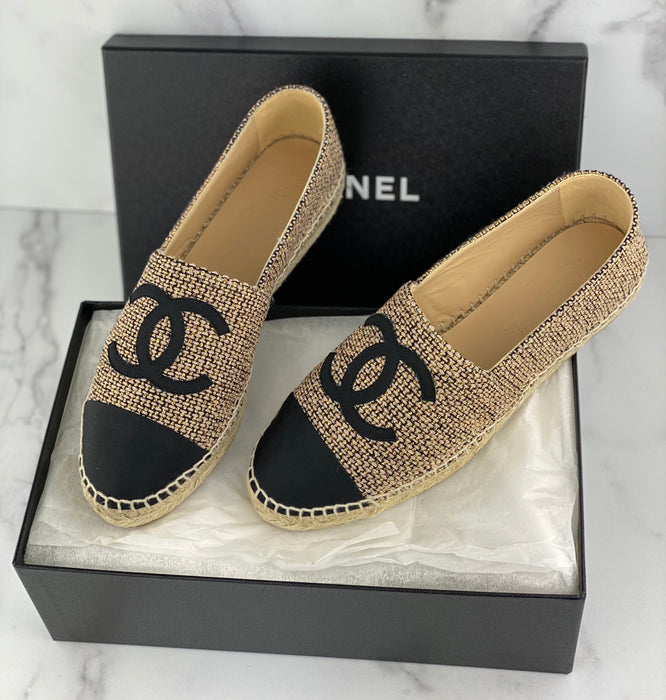 Chanel Espadrille Tweed Gold Beige & Black