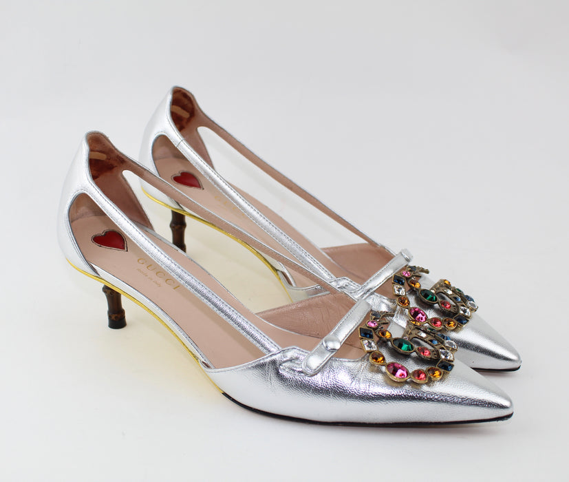 GUCCI METALLIC LEATHER PUMP WITH CRYSTAL DOUBLE G - LuxurySnob