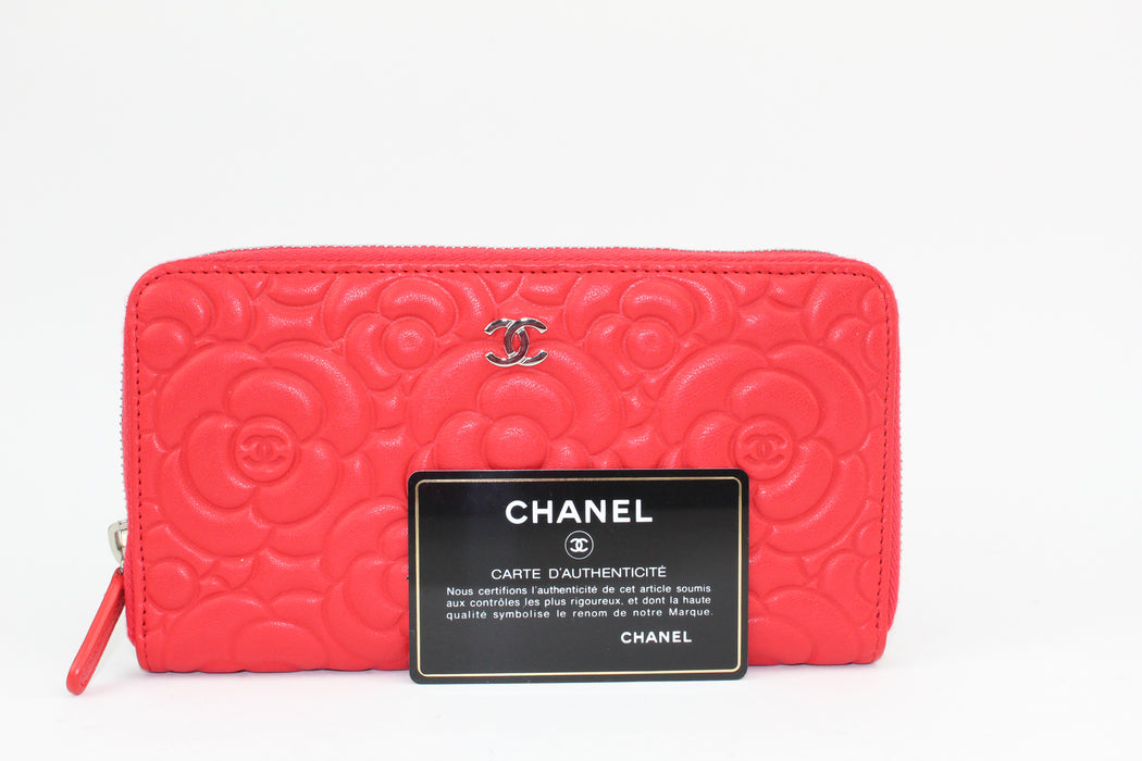 Chanel Camellia Embosed Large Zip Wallet