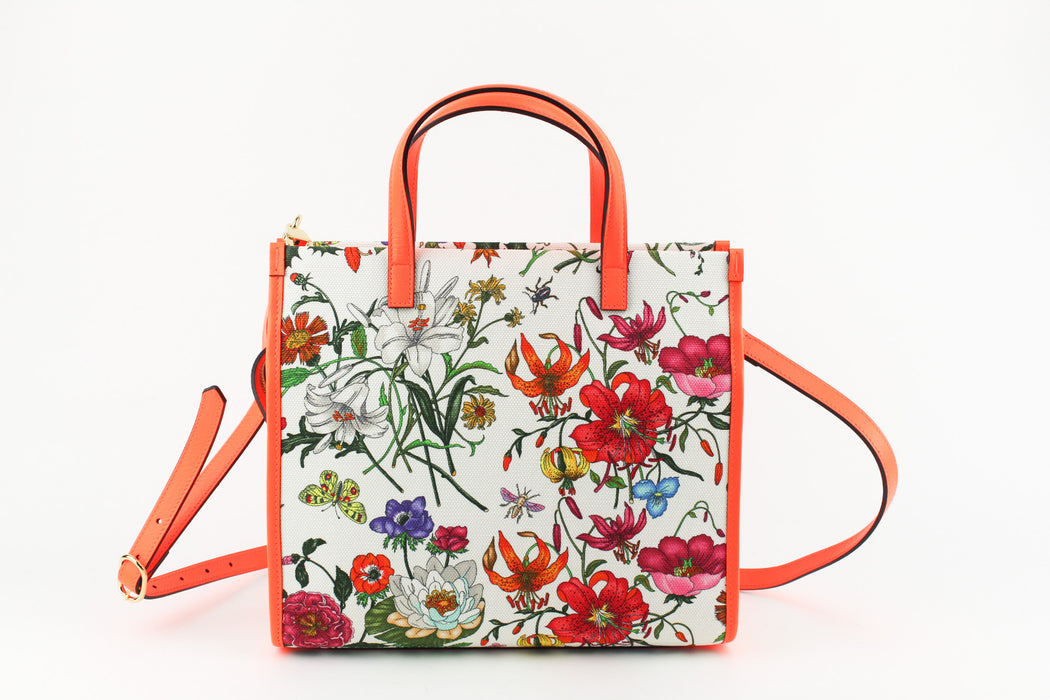 GUCCI FLORA MEDIUM LEATHER-TRIMMED PRINTED CANVAS TOTE