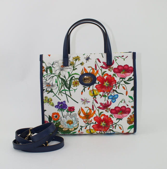 GUCCI FLORA MEDIUM LEATHER TRIMMED PRINTED CANVAS TOTE