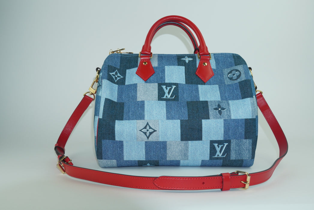 Louis Vuitton Limited Edition Denim Damier Monogram Patchwork Speedy Bandouliere 30 Blue Rouge