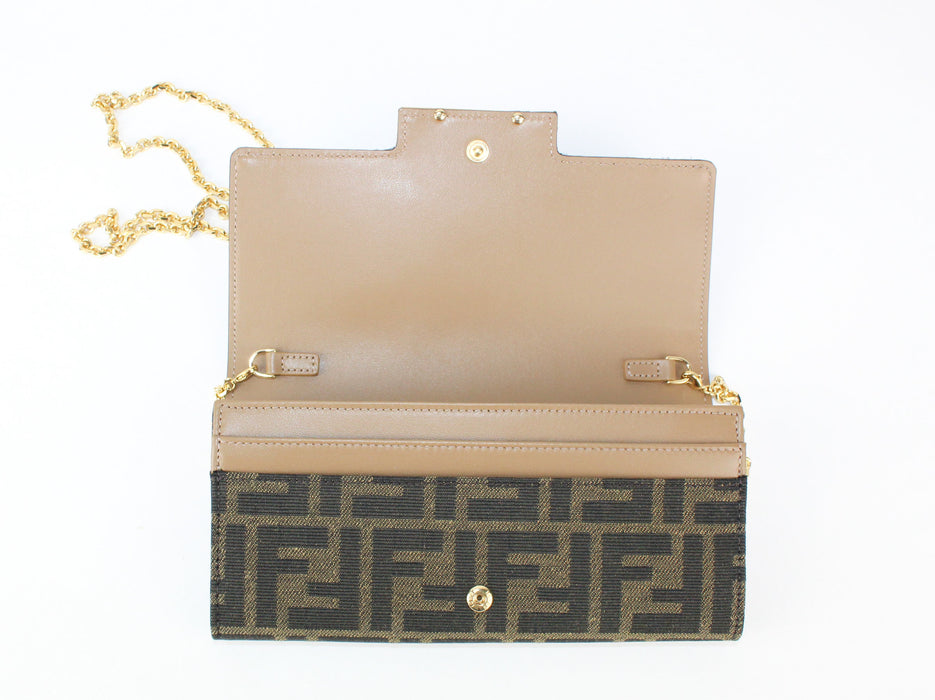 Fendi Continental Wallet with Chain in Brown Fabric