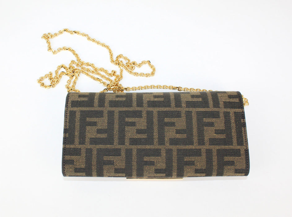 Fendi Continental Wallet with Chain in Brown Fabric