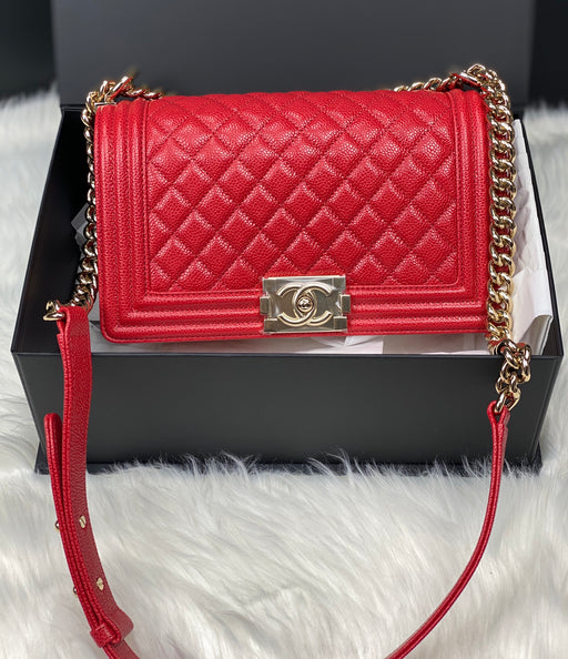 CHANEL MEDIUM CAVIAR BOY BAG IN RED - LuxurySnob