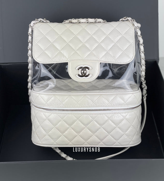 Chanel White Crumpled Leather & Transparent PVC Vanity Flap Backpack Bag