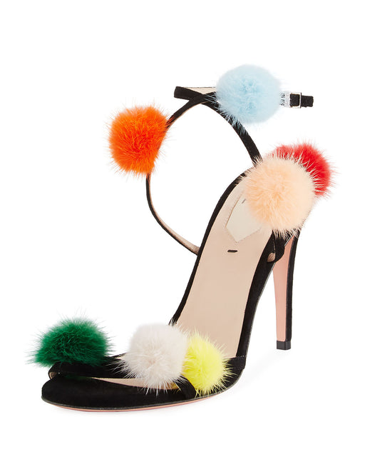 Fendi Suede Ankle-Wrap Sandal w/Mink Fur Pompoms