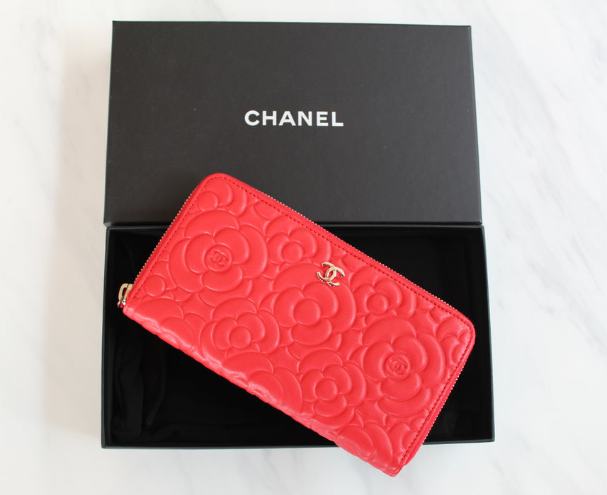 Chanel Camellia Embosed Large Zip Wallet