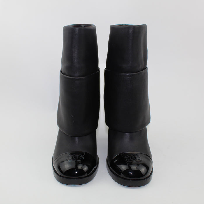 CHANEL CALF LEATHER PATENT CAP TOE  FOLD OVER BOOTS - LuxurySnob