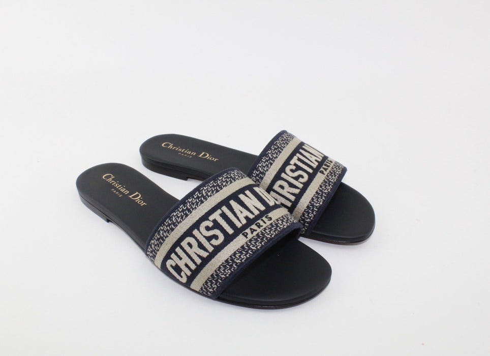 Dior Dway Navy Blue Embroidered Slides