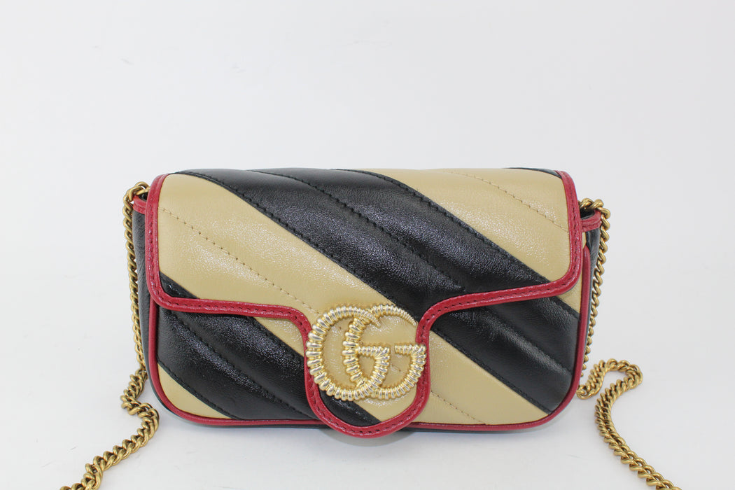 Gucci Calfskin Striped Matelasse Super Mini GG Marmont Black Beige