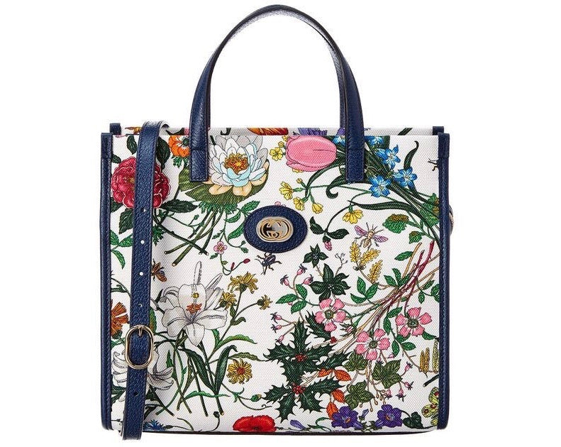GUCCI FLORA MEDIUM LEATHER TRIMMED PRINTED CANVAS TOTE