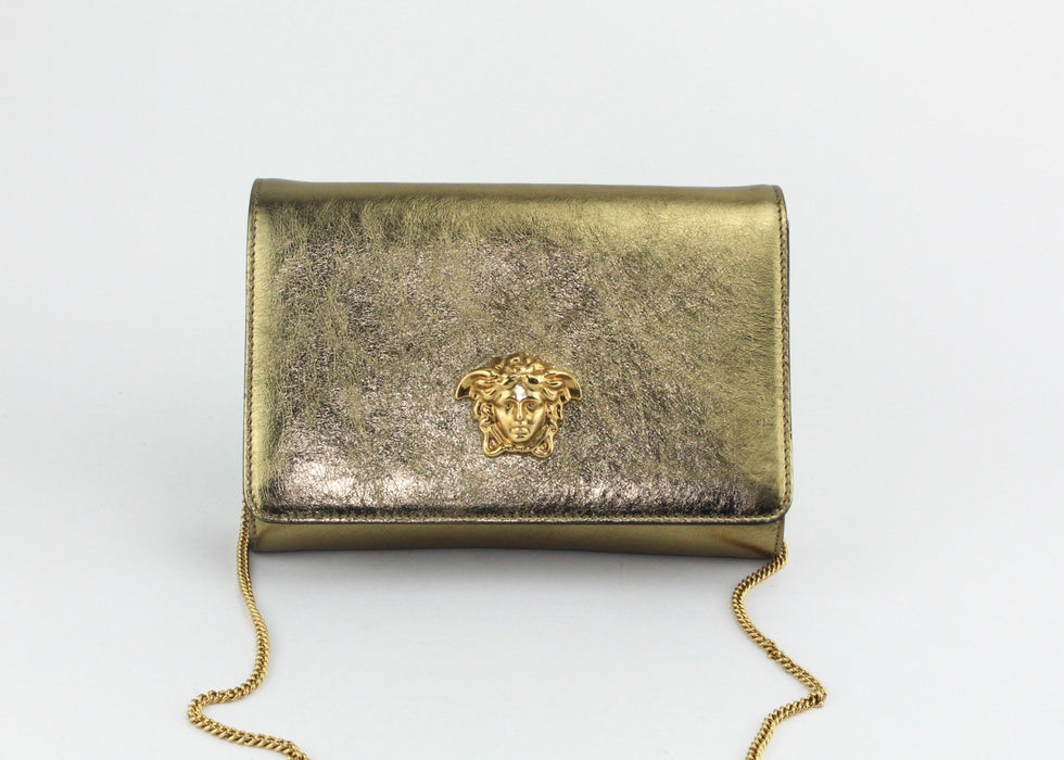 VERSACE METALLIC CALFSKIN PALAZZO CHAIN BAG GOLD